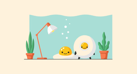 Cute animated fried eggs with a lamp and plants in a room