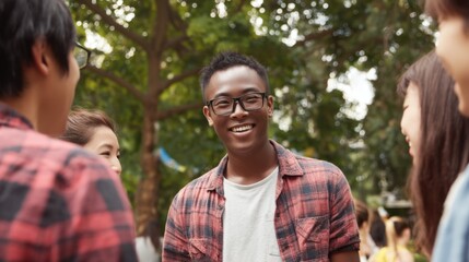 Obraz premium Young african male enjoying time with friends outdoors in park