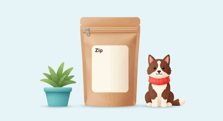 Cute brown and white dog in red scarf sits by pouch and plant