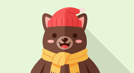 Cute brown bear with red hat and yellow scarf