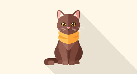 Cute cartoon cat with yellow scarf sitting on light background