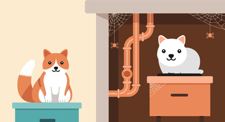 Cute cartoon cats in a pipe-filled, cobweb-adorned, rustic setting