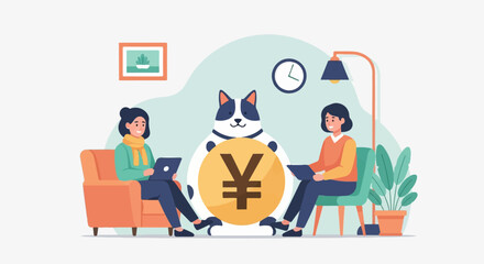 Cute cartoon dog holds coin between two women using laptops on sofas