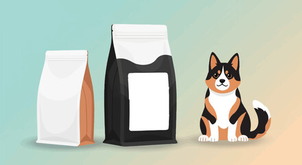 Cute cartoon dog sits beside two blank bags of pet food