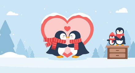 Cute cartoon penguins in winter with heart and snow-covered trees