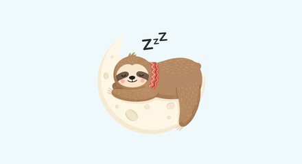 Obraz premium Cute cartoon sloth peacefully sleeping on a crescent moon