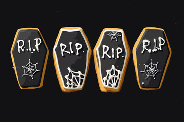 Four Halloween-themed coffin-shaped cookies with RIP write