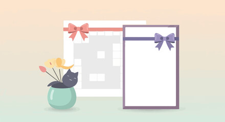 Cute cat peeking from vase with flowers next to framed blank cards