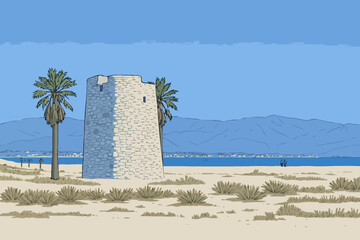 Vector image of Spanish Tower in Poetto beach. Cagliari, Sardinia, Italy