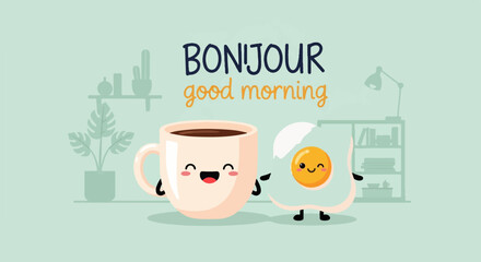 Cute coffee cup and fried egg characters say hello