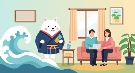 Cute dog in kimono by a wave, people on couch, indoor scene