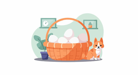 Cute dog sits by a basket full of eggs next to potted plants and clocks