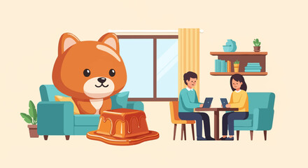 Cute dog plush with caramel pudding and people working on laptops