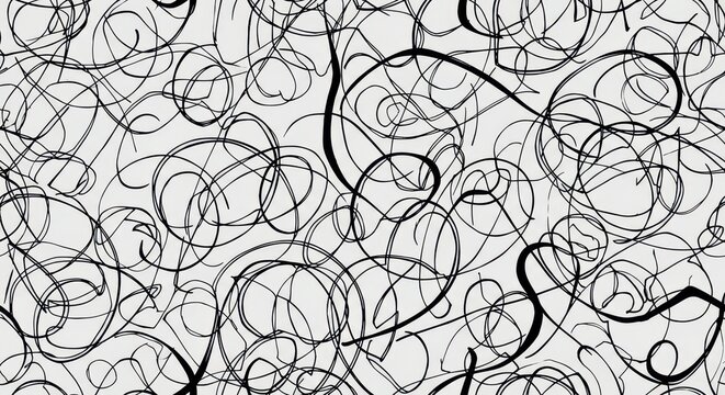 Abstract seamless pattern of chaotic black scribbles and tangled lines on light background