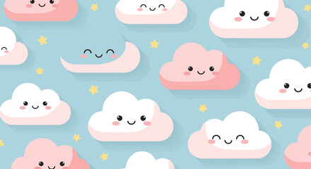 Cute pink and white clouds with yellow stars on a blue background