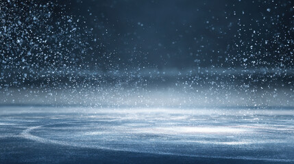 Snow ice winter frost cold freeze water surface create sparkling spray above smooth rink blue bokeh background with copy space for skating hockey weather climate theme