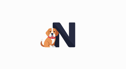 Cute puppy with a red collar sits beside a large navy letter N
