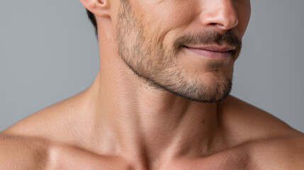 Obraz premium Handsome male jawline with subtle imperfections on healthy male skin bright light facial hair stubble and confident expression