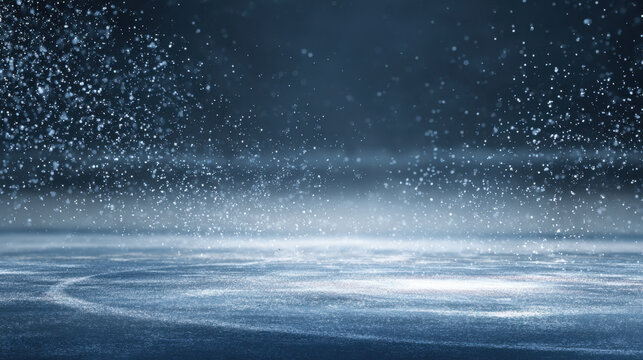 Snow ice winter frost cold freeze water surface create sparkling spray above smooth rink blue bokeh background with copy space for skating hockey weather climate theme