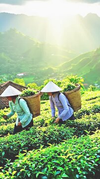 The Green Gold of China: Traditional Tea Harvesting.  Morning in the Tea Fields: Manual Labor and Harmony with Nature.