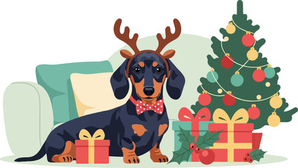 Dachshund in reindeer antlers and bow tie sits by Christmas tree and gifts