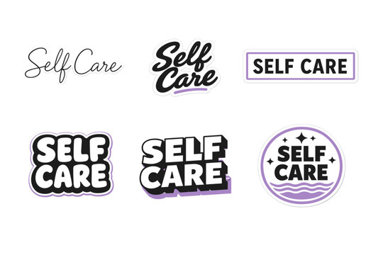 Self care sticker designs in various fonts and styles