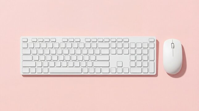 Modern white computer keyboard and mouse on pink background