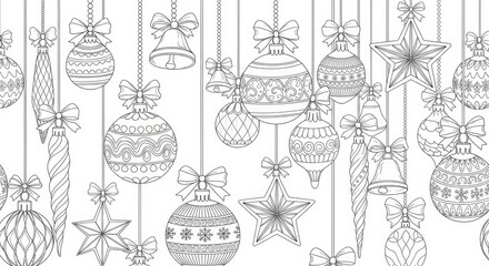 Seamless Christmas Ornaments Line Art Pattern - Festive Holiday Decorations Background