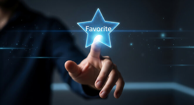Business person interacting with a glowing blue digital star icon labeled favorite on a futuristic screen demonstrating user choice and preference selection in technology.