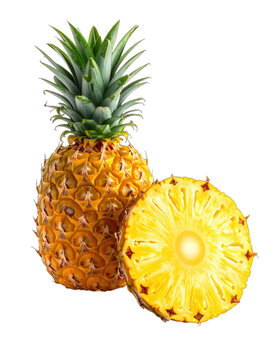 Whole Pineapple with Cross-Section Slice on Black Background