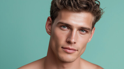 Fototapeta premium Handsome male portrait with hydrated smooth skin texture, pastel mint background, confident neutral expression, close up studio beauty headshot