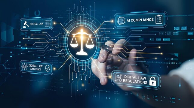 Professional businessman hand touching digital justice scales with AI compliance and digital law regulations interface in futuristic technology network.