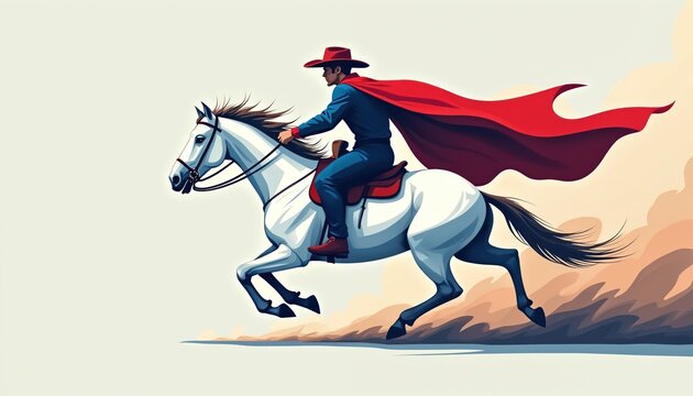 Man in red hat blue outfit rides white horse. Red cape flows behind rider. Visual art depicts man galloping across dusty ground with speed and action. Powerful western style graphic.