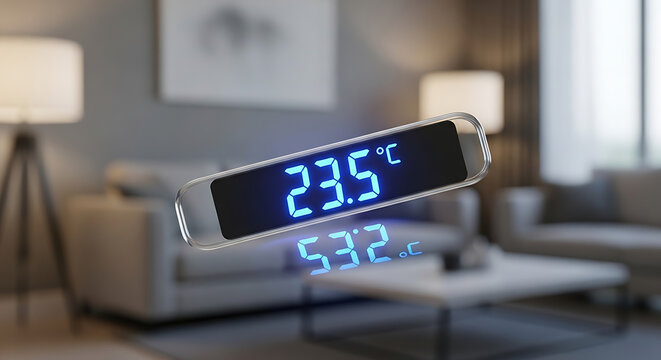 Floating digital thermometer displaying a bright blue 23.5 degrees Celsius reading with a reflected measurement hovering above a modern living room environment