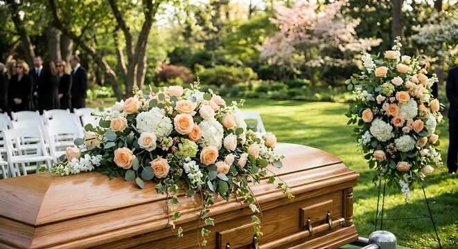 Elegant funeral service with wooden casket adorned with peach and white floral arrangements in peaceful garden cemetery setting for memorial ceremonies.