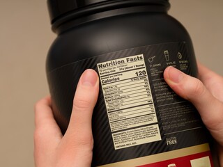 Black tub of whey protein powder with nutrition facts label in person hands. Close-up