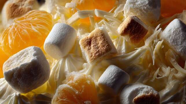 Ambrosia salad close-up showing citrus fibers and marshmallow shapes embedded in cream, texture-forward composition, dark neutral backdrop