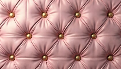 Fototapeta premium Close up view of pink tufted leather texture. Diamond pattern with gold buttons adds luxury. Ideal for upholstery design. Fabric detail shows craftsmanship.