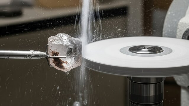 Diamond polishing, rough gem being shaped by specialized machinery with water flow