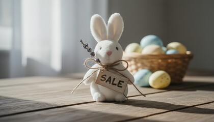 Fototapeta premium White plush rabbit holding sale tag near basket of Easter eggs