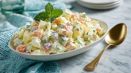 Ambrosia salad in shallow serving dish on pastel mint tabletop, clean spring styling