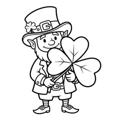 Naklejka premium Cute leprechaun holding a lucky clover, St. Patrick's Day character, Irish folklore, festive symbol, cheerful cartoon style.