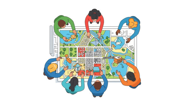 Urban Planning Team Meeting: Overhead Illustration of People Developing City Strategy.
