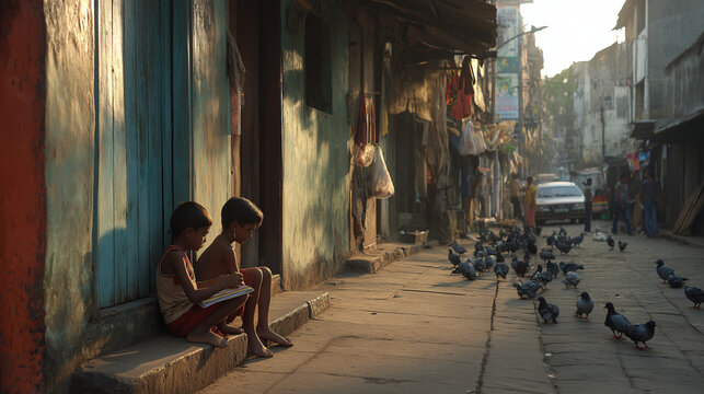 AI generator images of view of a slum area in Mumbai, India. Children sit along a sidewalk in a densely populated community.
This location is Dharavi Slum, one of the largest slums in Asia.