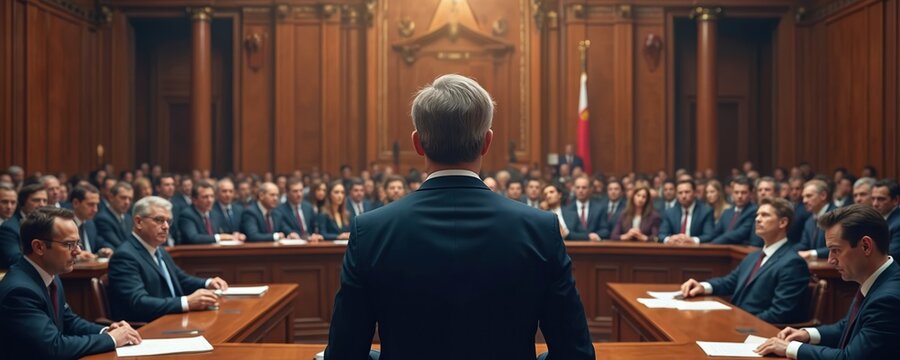 Men, women in suits attend government session. Officials debate policy at wooden tables in formal chamber. Discussion on legislation happens in capitol building. Public servants make decisions.
