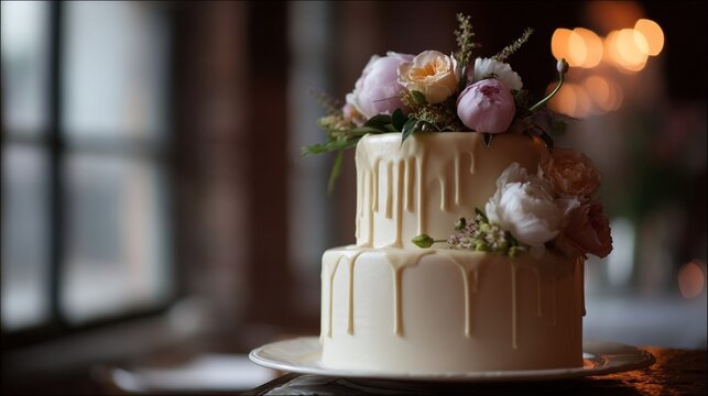 Elegant two tier wedding cake with white drip icing and blush flowers, romantic reception decor with bokeh lights, celebration dessert for anniversary and Valentines Day