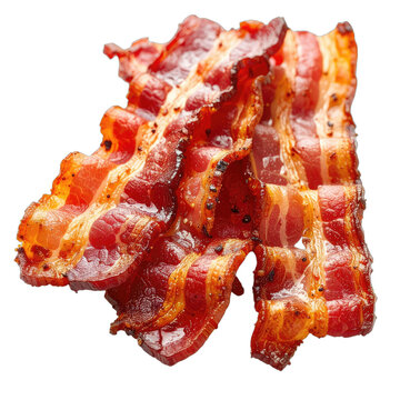 Crispy, sizzling strips of perfectly cooked bacon isolated on a black background.