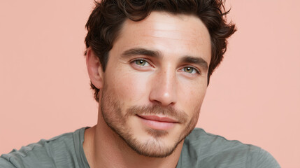 Fototapeta premium Sun kissed male warmth on cheek and jaw, close up portrait of smiling man with light stubble and green eyes against peach background conveying relaxed confidence and soft natural lighting