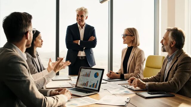 Business team meeting in modern office with laptop showing charts and graphs for financial analysis and strategy discussion