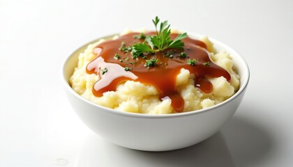 Creamy mashed potatoes served in a white bowl with rich gravy poured on top. Garnished with fresh parsley and sprinkled herbs, this comfort food dish is perfect for dinner.